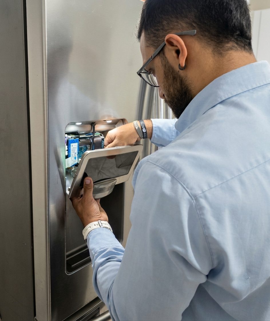 Técnico de Centrotecnic revisando el dispensador de agua de un nevecón
